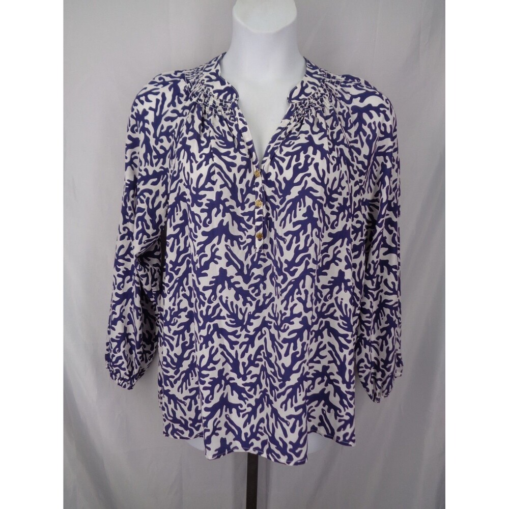 Lilly Pulitzer Elsa Silk Top Sz XL Coral Print Navy Blue White Coastal Tropical